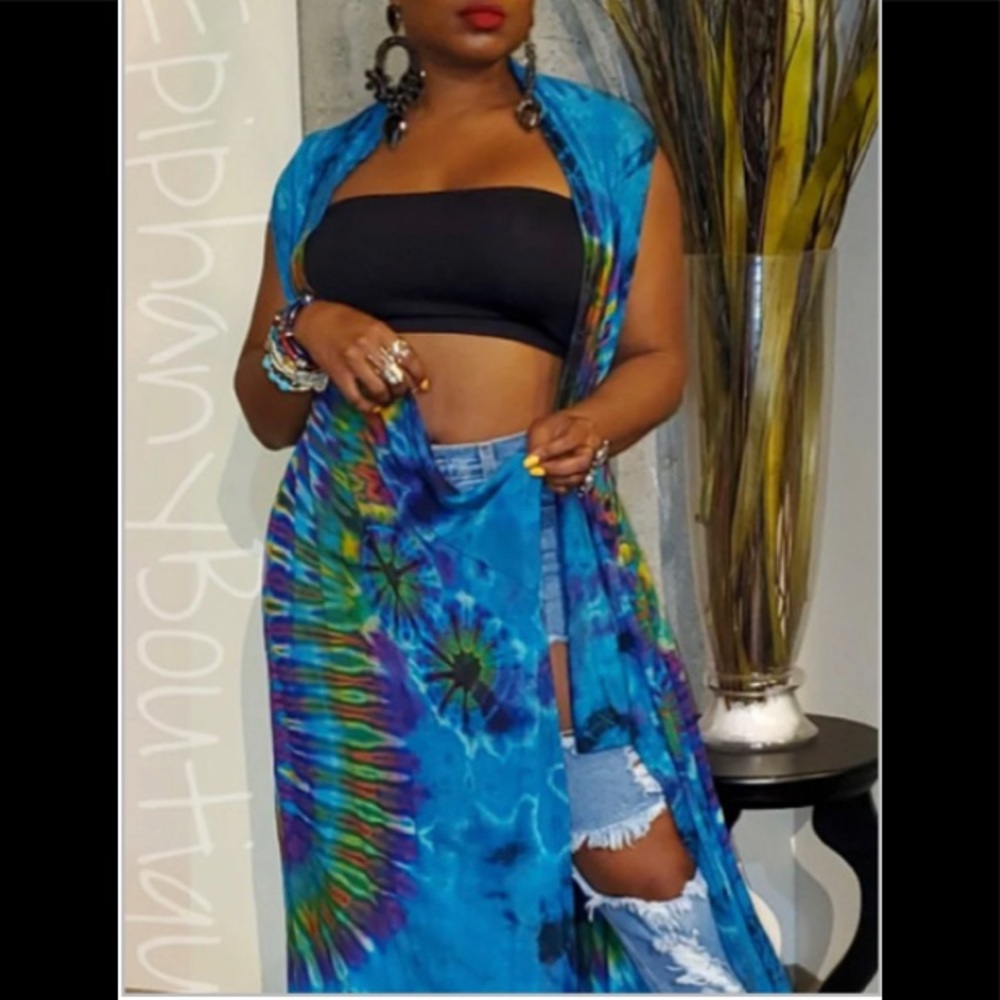 TRENDY TIE DYE BROKEN HOLES BLUE VEST/KIMONO NWOT